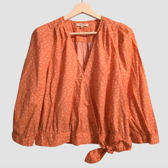 Madewell Wrap Top Blouse Size Medium Coral Star Print Quarter-Sleeve Lightweight - Picture 2 of 11